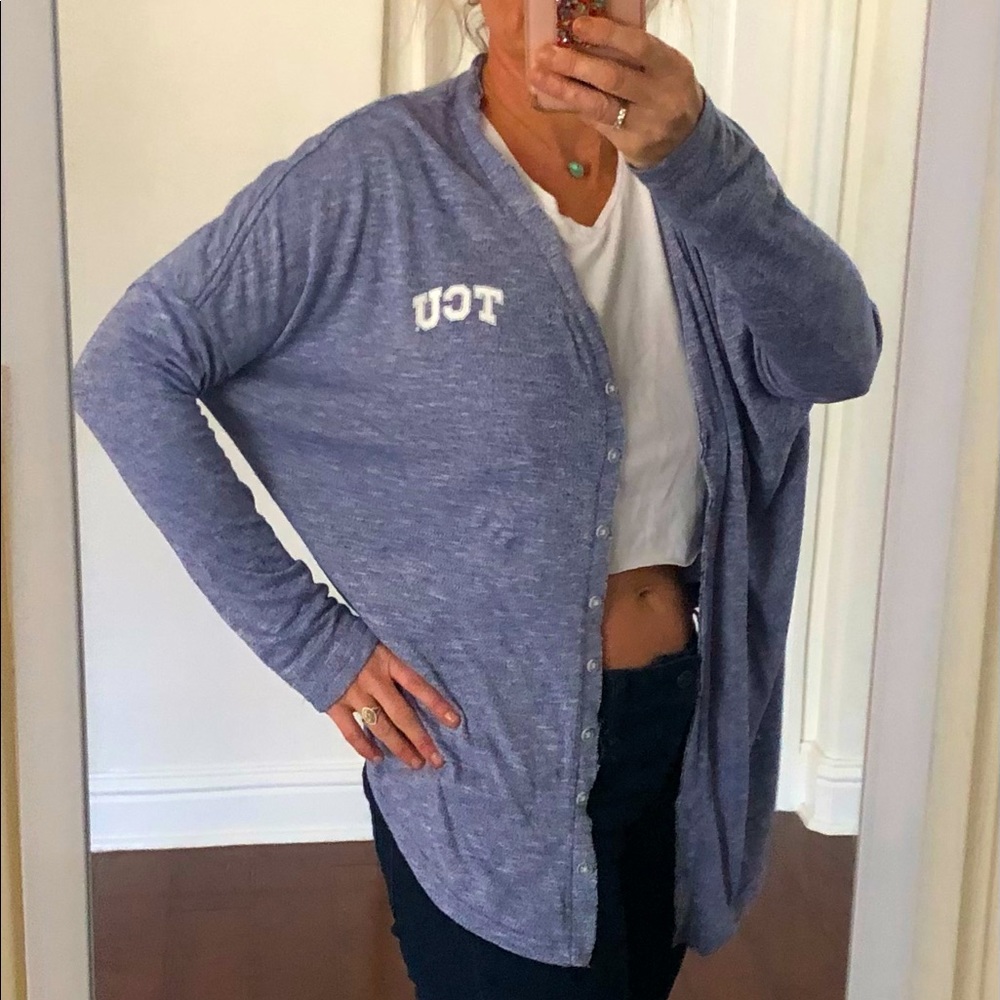 TCU college cardigan, bought from the school store on campus